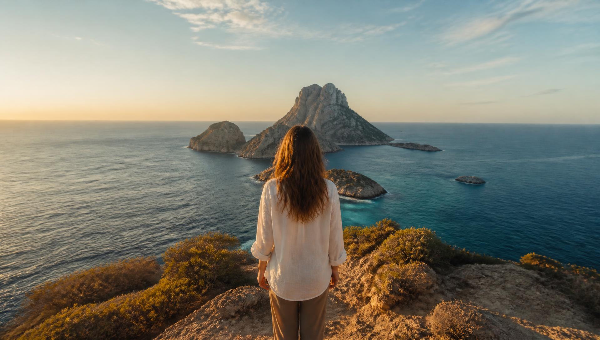 Viajera contemplando una costa espectacular al atardecer al llegar a su destino