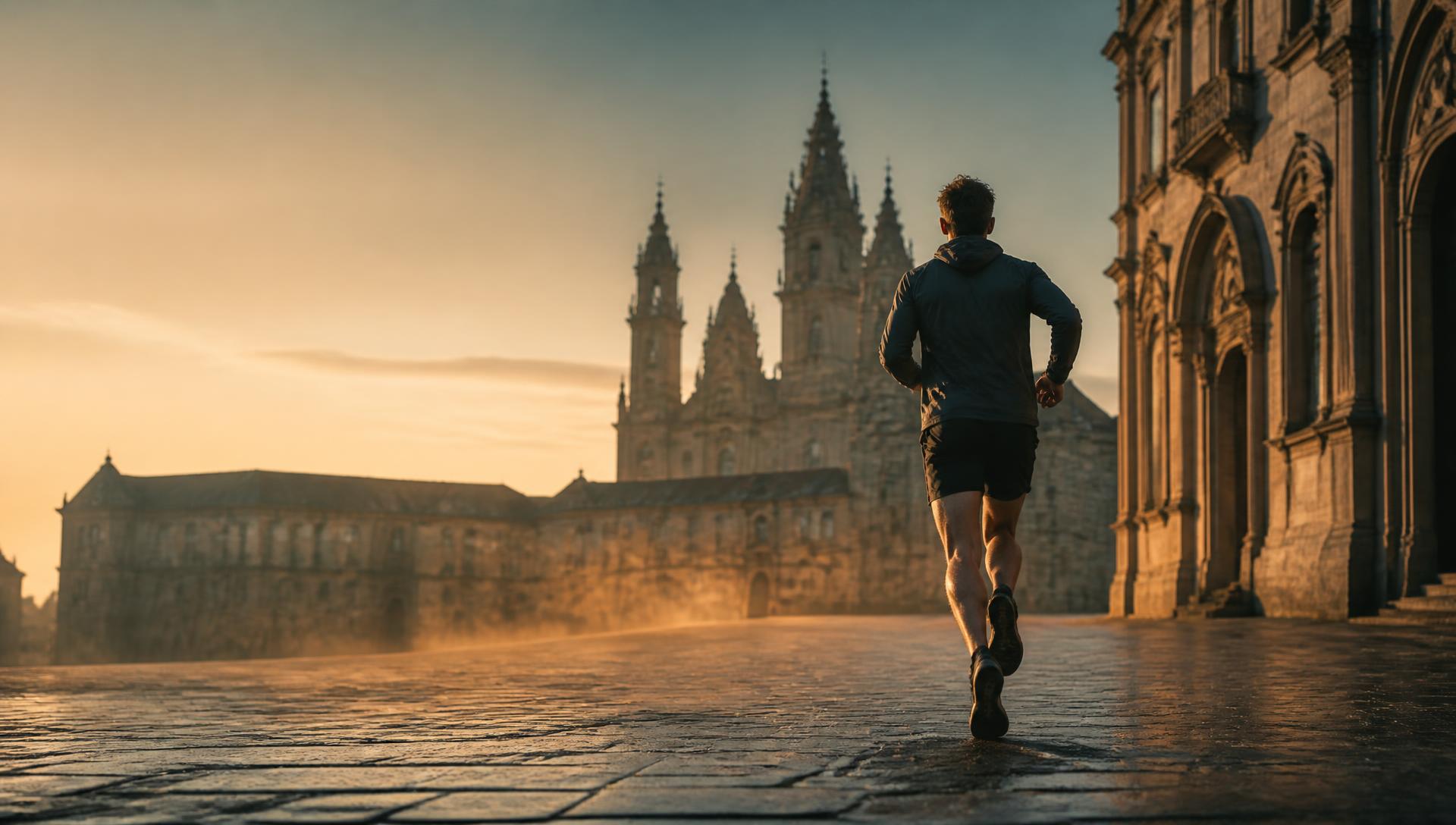 Atleta corriendo al amanecer por una plaza histórica en el extranjero